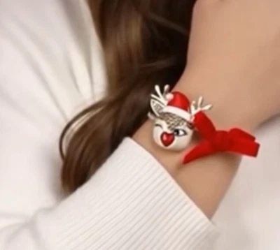 Betsey Johnson Holiday Xmas Winking Reindeer Red Heart Crystal Hinged Bracelet - Image 1 of 4