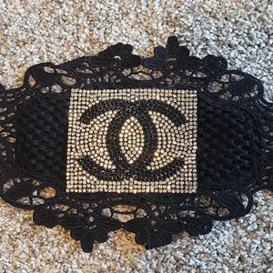 Chanel Beaded Lace Face Mask Black Fabric Adjustable Straps Designer  - Picture 1 of 3