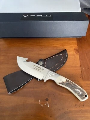 iFIELD Hunting Knife 4.1" Blade W/ Leather Sheath, Gut Hook Stag Handle Survival - Image 1 of 4