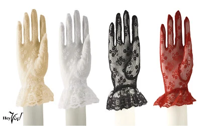 Lace Gloves w Wrist Ruffle in White Red Ivory Black Retro Party Wedding -Hey Viv - Image 1 of 4