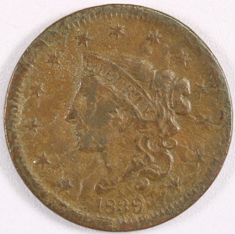 1839 1C Coronet Head Large Cent Fine AG Details Cover