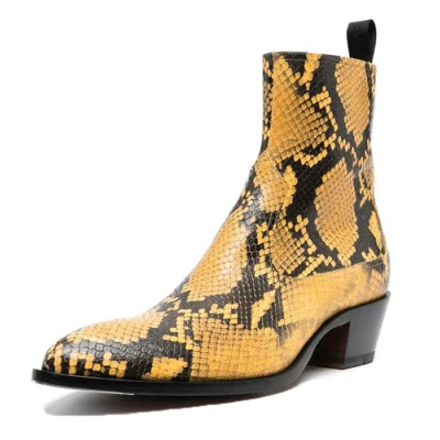 Men Snakeskin Print Real Leather Chelsea Boots Cuba Heels Pointed Toe Ankle Boot - Image 1 of 4