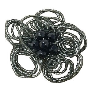 Artisan Wired Bugle Beads & Acrylic Rhinestone Floral Black Gray Handmade Vtg