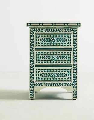 Bone Inlay Floral Design 3-Drawer Bedside Table – Handcrafted Green Side Table - Image 1 of 4