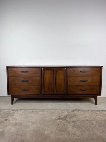 Mid Century Modern Lowboy Dresser with 9 Drawers & Brass Hardware Cover