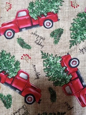 VINTAGE RED TRUCK Merry Christmas Trees Peace Joy Happiness Cotton Fabric 1 yd - Image 1 of 4