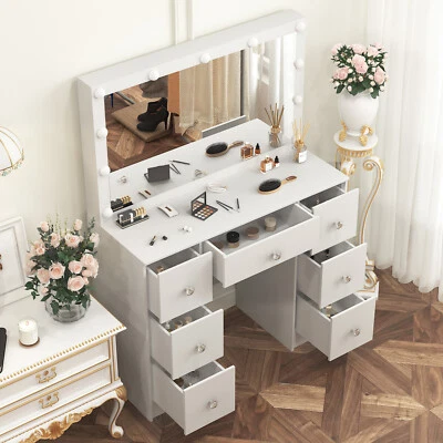 Large Dressing Table W/ Hollywood Mirror and 11 LED Bulbs Lights Vanity Desk Set - image 1 of 4