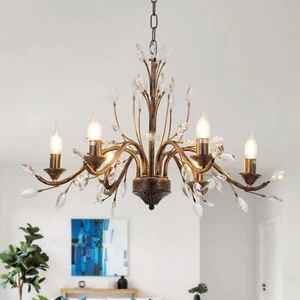 6-Light Rusty Metal Tres Chandelier Crystal Pendant Lamp Vintage Ceiling Fixture - Picture 1 of 8