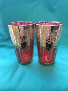 Vintage Arabic Tea Glasses x2 Embellished with 24c gold on red glass.non slip - Picture 1 of 7