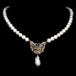 925 Sterling Silver Necklace Oval Topaz Pearl Tourmaline Gemstone Butterfly 19in - Picture 1 of 14