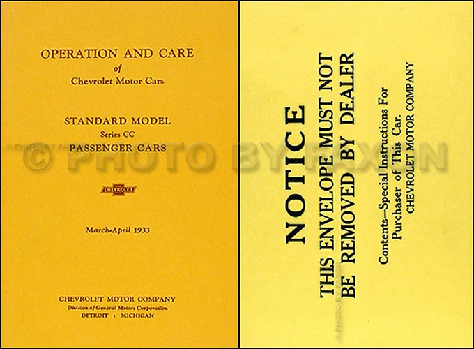 1933 Chevy Standard Auto Proprietari Manuale Con Busta 33 Chevrolet Owner Guida - Immagine 1 di 1