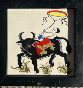 Chinese porcelain tile water buffalo rider kite wooden frame ceramic art 9"  - Picture 1 of 8