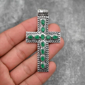 Emerald Gemstone Cross Pendant 925 Sterling Silver Handmade Jewelry Wadding Gift - Picture 1 of 5