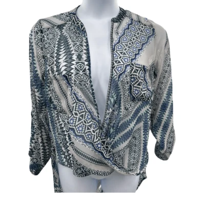 Democracy Boho Chic Printed Wrap Blouse Asymmetrical Hem Top Size Medium - Image 1 of 4