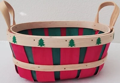 NEW Harry & David Holiday Tree Red/Green Wood Basket w/Two Handles - 10x 7.5 x5 - Image 1 of 4