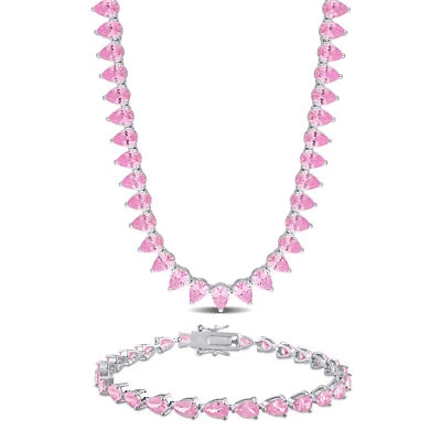 Amour Sterling Silver Created Pink Sapphire Tennis Necklace & Bracelet 2 PC Set - Image 1 of 4
