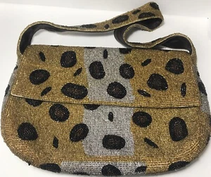 VTG Y&S Fully Seed Beaded Leopard Print Handbag Shoulder Bag Gold/Silver-Tone - Picture 1 of 5