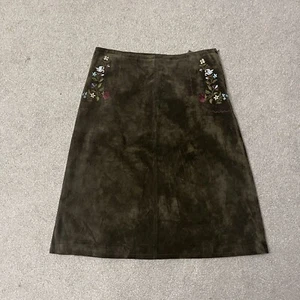 Vintage INC Womens Skirt 6 Brown Leather Suede Raw Leather Flower Embroidered - Picture 1 of 9