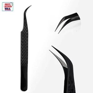 Lash Tweezers for Eyelash Extensions, Diamond Grip Curved Fiber Tip Lash Tweezer - Picture 1 of 12