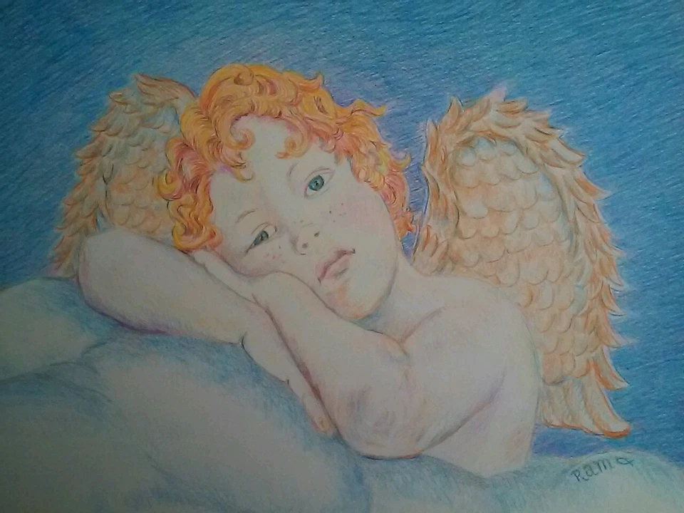 Lápiz de color original dibujo querubín "pensamientos celestiales" RAMfish artista  Foto 1 de 4