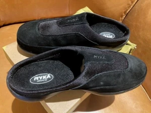 RYKA BLACK SUEDE/NYLON SLIP ON MULES GEL INSERT COMFORT SOLES SIZE 8 NEW IN BOX - Picture 1 of 11