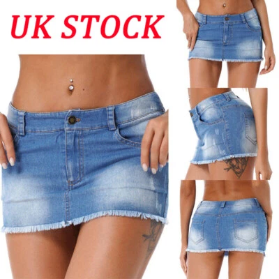 UK Women Jean Skirt Low Waist Short Denim Bodycon Skirt Frayed Raw Hem Skirt - Image 1 of 2