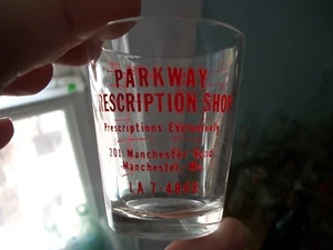 MANCHESTER MISSOURI PARKWAY PRESCRIPTION SHOP DRUG STORE MEASURING GLASS 1950S? - Picture 1 of 5