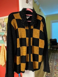 Vintage Rochelle Chenille-Pullover mit durchgehendem Reißverschluss und lockigem Kragen XL quadratisches Blockdesign - Bild 1 von 4