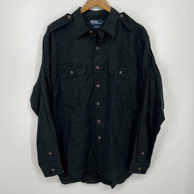 Polo Ralph Lauren G.I. Shirt 100% Linen Long Sleeve Button Men's XL Black Vtg - Image 1 of 4
