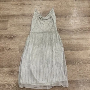 Adrianna Papell Evening Womens 6 Cocktail Dress Silver Beaded Open Back Strappy - Picture 1 of 10