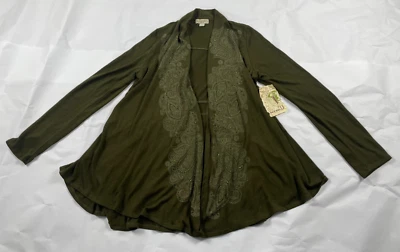 Women's One World Open Front Cardigan Sweater SZ M Medium Olive Rhinestones #353 - Image 1 of 4