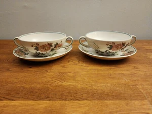 Lot of 2 Wedgwood of Etruria Eastern Flowers Flat Cream Soup Bowl & Saucer Sets - Picture 1 of 8