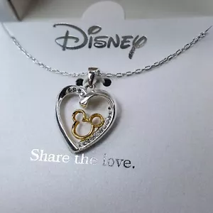 Disney Share The Love Silver Plated Crystal Heart Mickey Mouse Pendant Necklace - Picture 1 of 8