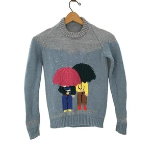 Vintage Hand Knit Sweater Unisex Blue Youth Medium Friends Under Umbrellas - Picture 1 of 4
