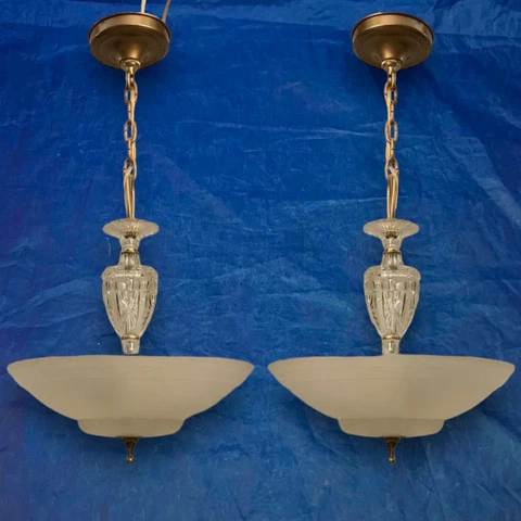 Pair Antique Vintage 27” Long Glass Pendant Fixtures With 14.5” Wide Shades Wow! Cover