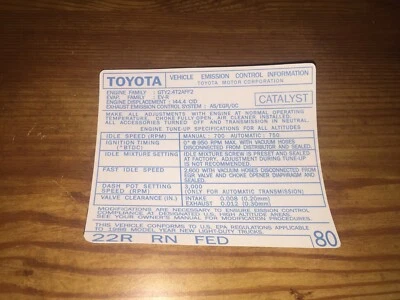 1986 22r Carb Toyota Pickup Truck/4runner Hilux Fed Emissions Decal Repro #80 - Image 1 of 2