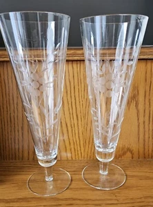 Coppia di flauti champagne anni '30 antichi/vintage giapponesi incisi cristallo floreale. - Foto 1 di 13