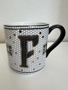 Anthropologie Tiled Monogram F Initial Coffee Mug Cup Black And Gold - Picture 1 of 6
