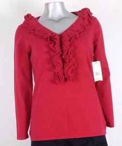 NWT WOMEN'S REBA SOFT SWEATER Size L "GOLDEN REGALIA LIPSTICK RED" Ruffle V~Neck - Picture 1 of 4