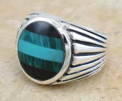 MENS STERLING SILVER TURQUOISE MALACITE ONYX RING size 13 style# r3213 - Image 1 of 3