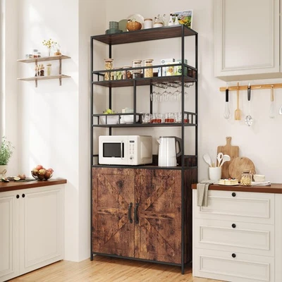 Baker Rack w/Storage Cabinet Microwave Stand ,Tall Coffee Bar with Glass Holder - Image 1 of 4