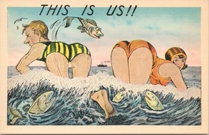 VINTAGE MAN AND WOMAN SWIMMING HUMOR-COMIC POSTCARD-THIS IS US !! - Picture 1 of 2