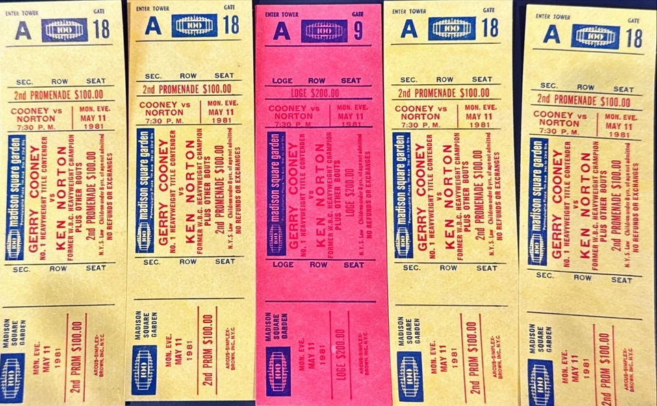 lot of 5 - 1981 GERRY COONEY VS. KEN NORTON FULL TICKETS 5/11/1981.- A576 - Image 1 of 1