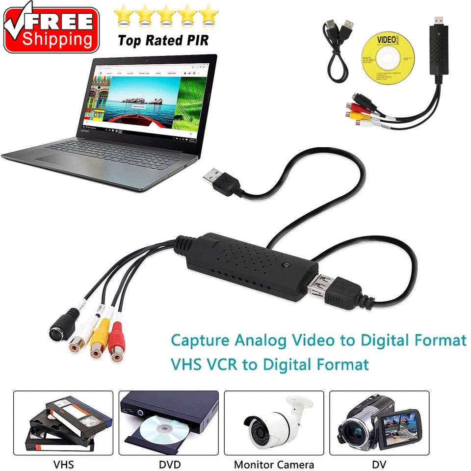 USB2.0 VHS To DVD Converter Audio Video Capture Kit Scart RCA Cable for Win10 - Image 1 of 4
