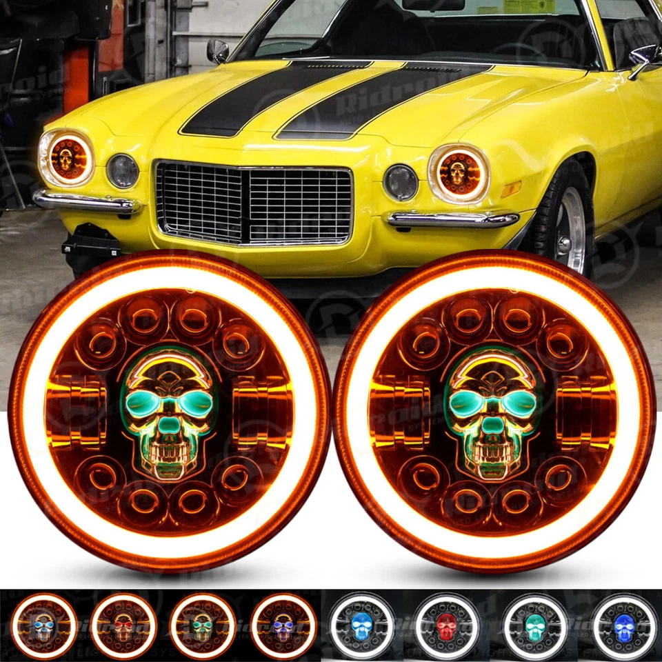 7" inch Round RGB Skull LED Headlights Halo DRL For Chevrolet Camaro 1967-1981 - Изображение 1 из 4