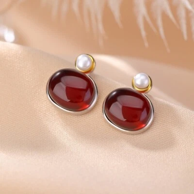 F02 Ohrringe ovaler roter Bernstein Blutbernstein Süßwasserperle Silber 925 - Bild 1 von 4