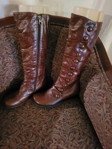 Miz Mooz Brown Leather Bloom Ruffle Button Wedge Heel Tall Boots 7 LN - Picture 1 of 11
