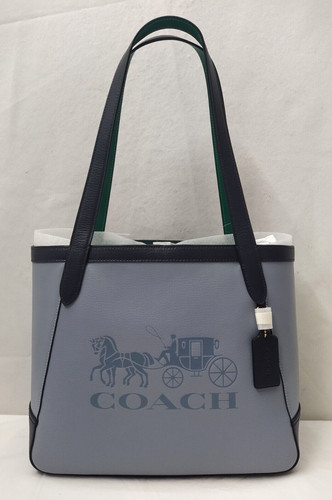 Borsa Coach cavallo e carrozza crepuscolare pelle blu doppio manico tote bag nuova con etichette $378