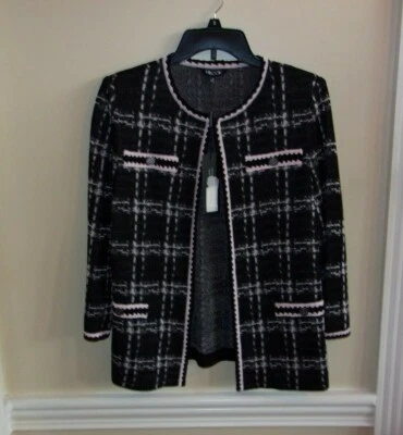 Chaqueta Misook Heritage Fit Negra Rosa Recortada Frente Abierto Nueva con Etiquetas XSmall $412 Foto 1 de 4