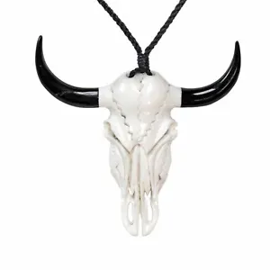 Carved Bone Necklace Horn Large Buffalo Cow Bull Skull Pendant - 81stgeneration - Picture 1 of 5